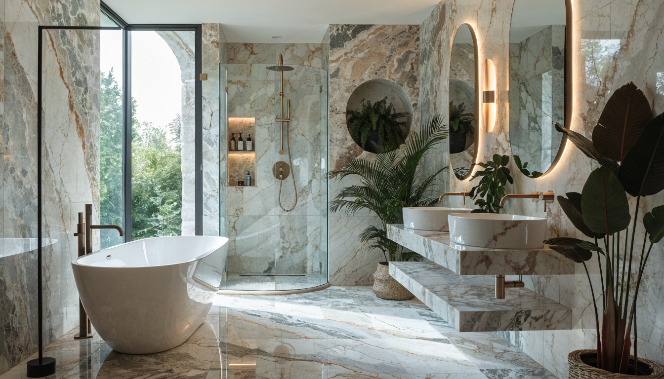 Luxurious modern bathroom with freestanding bathtub and marble tile