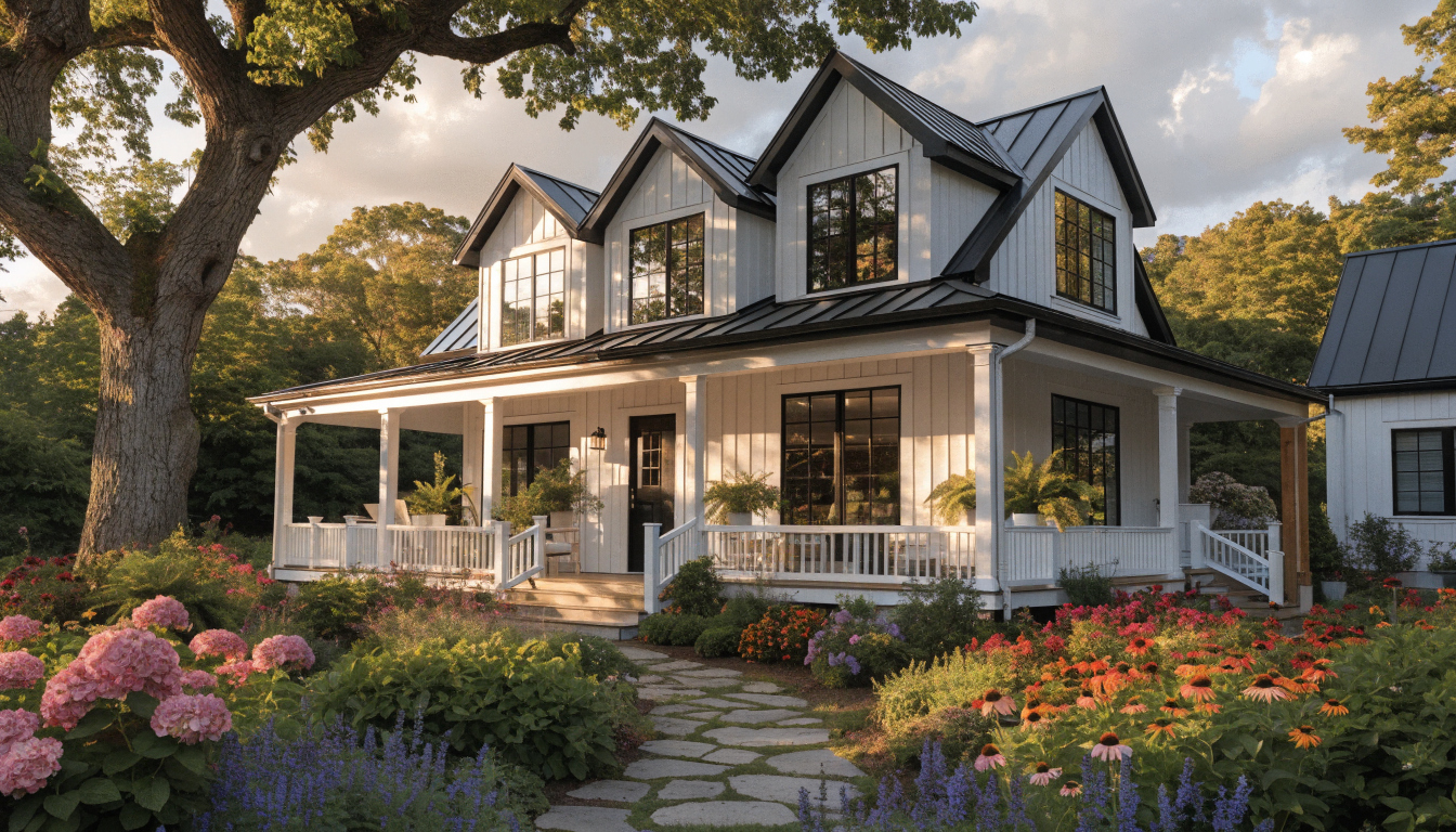Modern farmhouse exterior with board and batten siding at golden hour