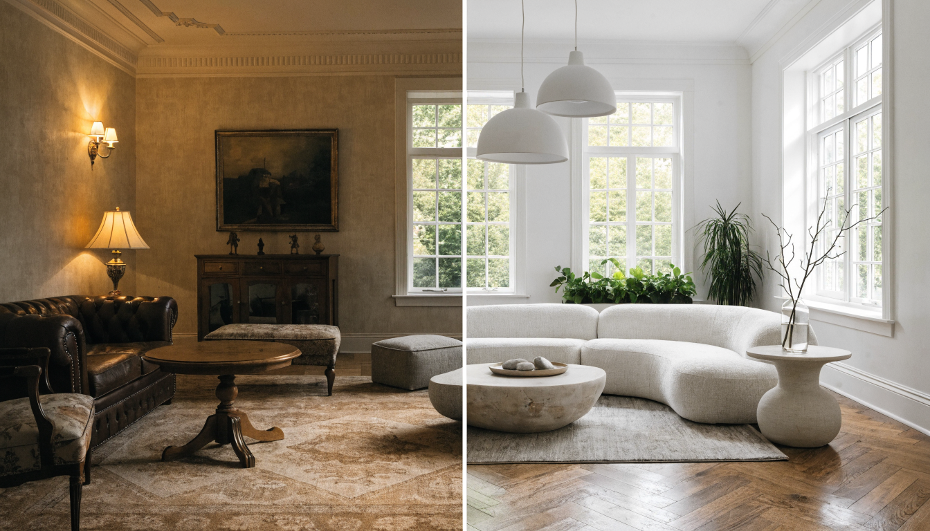 Before and after AI room redesign showing a dated living room transformed into a modern Scandinavian space