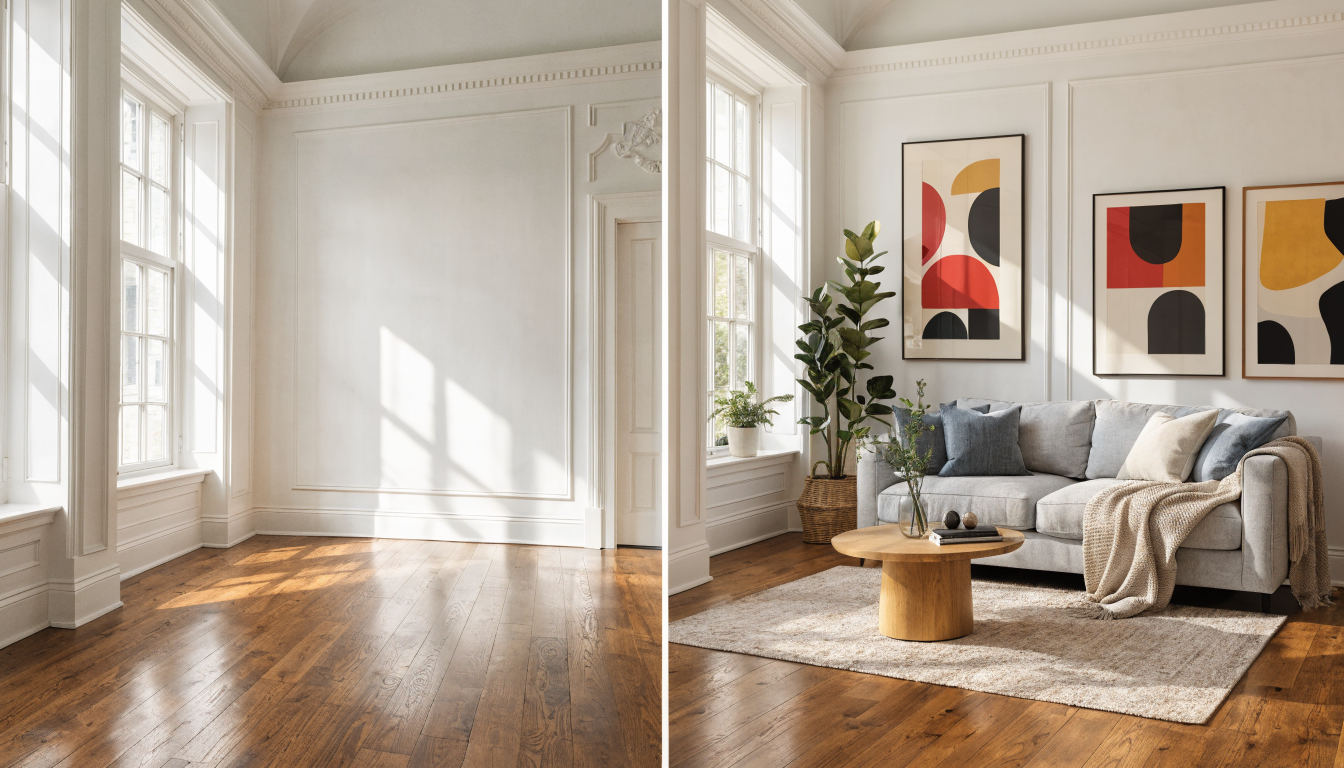 Before and after virtual staging showing empty room transformed into furnished living space